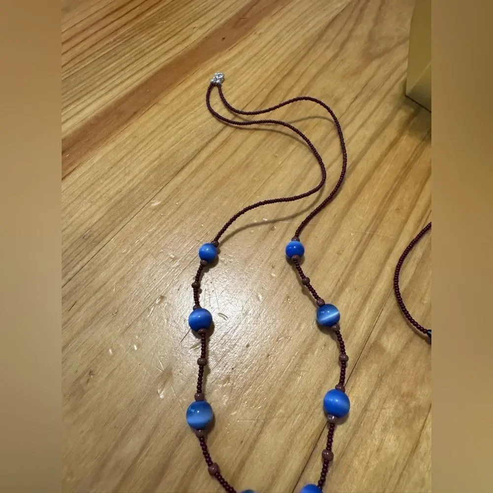 Blue Maroon Beaded Artisan Glass Pendant Necklace 15” with Bracelet/Earrings